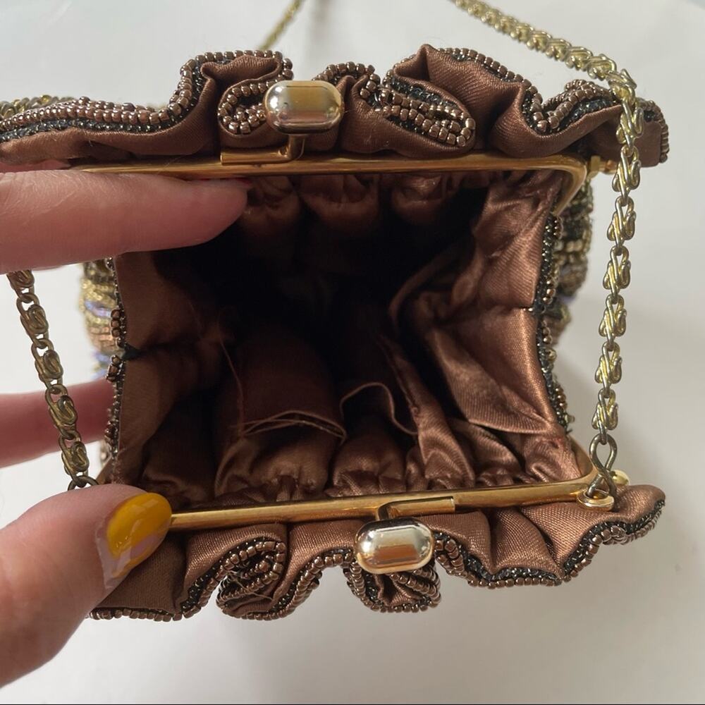 Vintage 1980s Beaded Evening Bag Kisslock Chain Strap Brown Purple Gold EUC - Picture 11 of 12